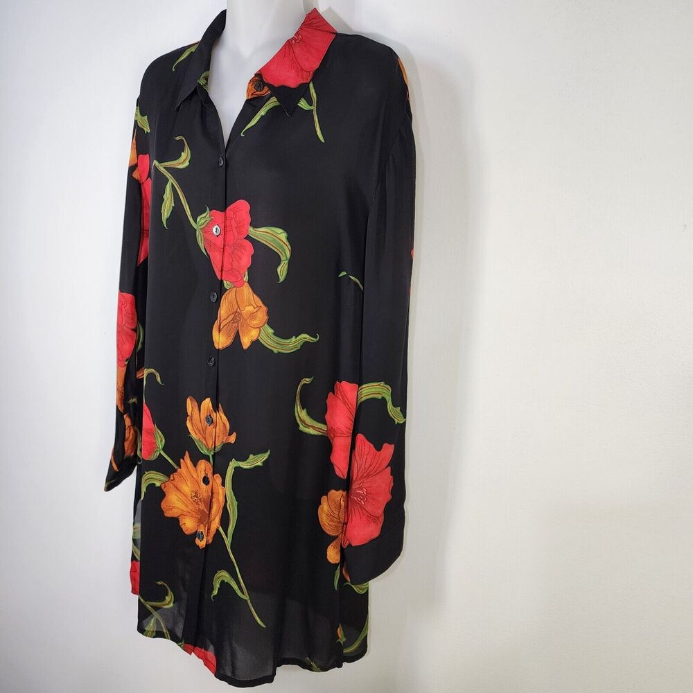 Chicos Design Top Sz 1 Medium 100% Silk Black Red Floral Sheer Vtg Button Tunic - Picture 5 of 9